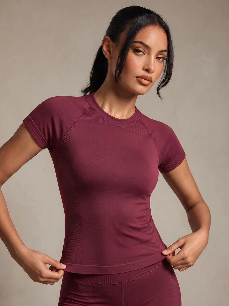 Costa Lumi Breathable Crop Sports Tee Fitted Shirt Workout Tank Top Gym Women Shirts - Burgundy - View 1