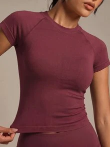 Costa Lumi Breathable Crop Sports Tee Fitted Shirt Workout Tank Top Gym Women Shirts - Burgundy - View 8