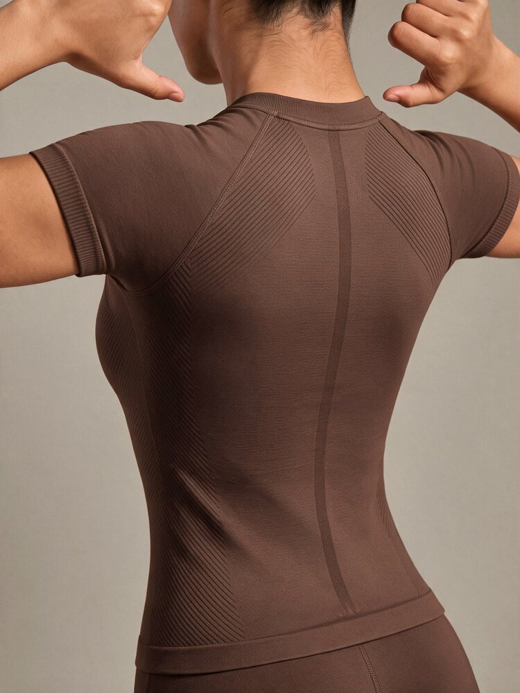 Costa Lumi Binding Detail Plunge Sports Gym Crop Topworkout Tank Top - Brown - View 2