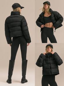 GLOWMODE Après-Ski Satin Puffer Jacket With Stand-Up Collar, Adjustable Hem & Fleece-Lined Pockets Fall Winter Ski Snow Wear - Black - View 8