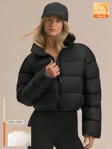 GLOWMODE Après-Ski Satin Puffer Jacket With Stand-Up Collar, Adjustable Hem & Fleece-Lined Pockets Fall Winter Ski Snow Wear - Black - View 9