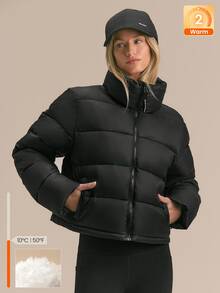 GLOWMODE Après-Ski Satin Puffer Jacket With Stand-Up Collar, Adjustable Hem & Fleece-Lined Pockets Fall Winter Ski Snow Wear - Black - View 1
