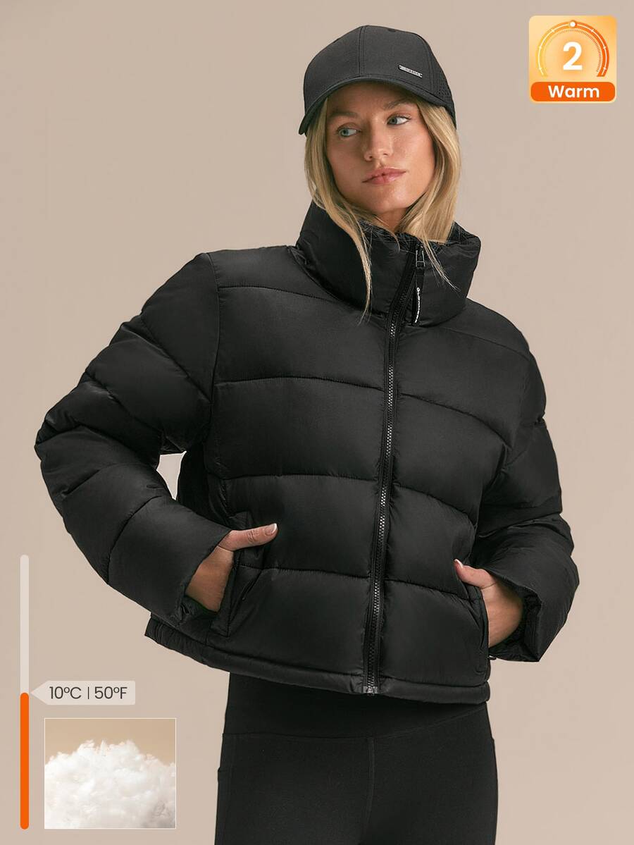 GLOWMODE Après-Ski Satin Puffer Jacket With Stand-Up Collar, Adjustable Hem & Fleece-Lined Pockets Fall Winter Ski Snow Wear - Black - View 1