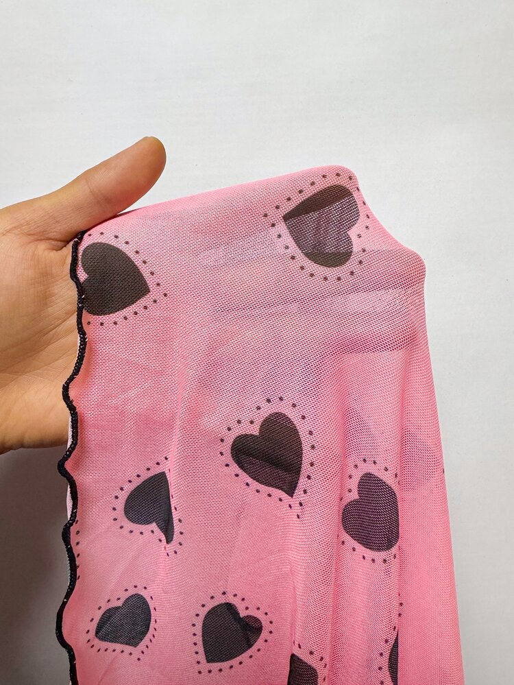 SHEIN Camisón sexy de malla con estampado de corazón, abertura alta en la espalda y encaje de color contrastante - Multicolor - Añade 3