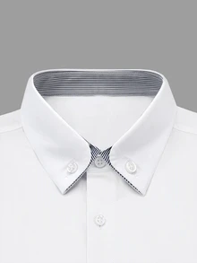 Manfinity Bizformal 男士長袖襯衫，細條紋對比色雙層領設計，適合日常通勤、休閒、派對及各種場合，正式、老錢風 - 白色 - 查看 4