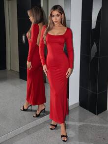 SHEIN ICON Women's Square Neck Long Sleeve Backless Slim Fit Sexy Dress For Party And Evening - Red - View 4