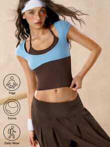 VARSIVA Women Sports Modest Athletic Sporty Activewear Top's 2-In-1 Cap Sleeve Halter Neck T-Shirt For Daily Wear And Fitness Active Gym Blue And Brown Summer - Multicolor - View 3