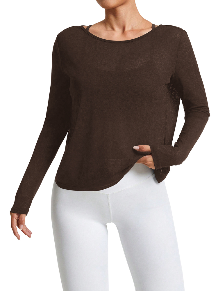 Costa Lumi Women's Minimalist Solid Color Twist Open Back Long Sleeve Asymmetrical Hem Sports T-Shirt Backless Shirts Brown Athletic Top Workout Shirt Tops - Brown - View 13