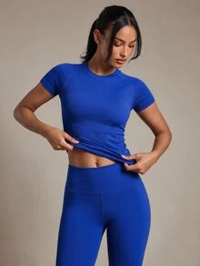 Costa Lumi Women's Seamless Short Sleeve Athletic T-Shirt With Raglan Sleeve Gym Top Fitted Shirtworkout Tank Top - Royal Blue - View 3