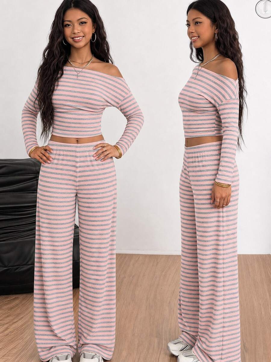 SHEIN طقم سويت شيرت للفتيات المراهقات، كاجوال خريفي بطبعة Love Island، للعودة إلى المدرسة/فصل الخريف - وردي فاتح - مشاهدة 1