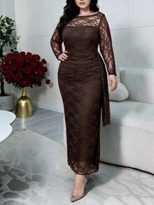 Modelyn Plus Size Chocolate Brown Boat Neck Long Sleeve Lace Midi Dress, Sheer Mesh Ruched Bodycon Formal Fall Dress For Wedding Guest Dinner - Brown - View 9