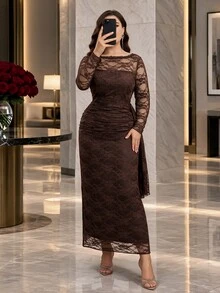 Modelyn Plus Size Chocolate Brown Boat Neck Long Sleeve Lace Midi Dress, Sheer Mesh Ruched Bodycon Formal Fall Dress For Wedding Guest Dinner - Brown - View 8