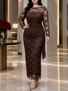 Modelyn Plus Size Chocolate Brown Boat Neck Long Sleeve Lace Midi Dress, Sheer Mesh Ruched Bodycon Formal Fall Dress For Wedding Guest Dinner - Brown - View 10