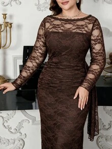 Modelyn Plus Size Chocolate Brown Boat Neck Long Sleeve Lace Midi Dress, Sheer Mesh Ruched Bodycon Formal Fall Dress For Wedding Guest Dinner - Brown - View 4