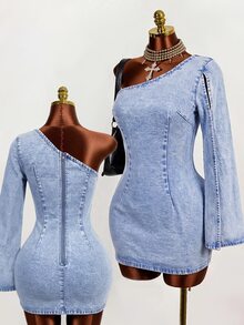 Mistrie Casual Sexy Denim Dress For Women,Fall,New Year Dress,Patry Going Out Club Drss Light Blue - Blue - View 7