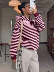 Muchica 女款全印花運動衫，休閒極簡日常百搭，約會出遊穿搭，女款秋季服飾，秋季穿搭，女款通勤穿搭，百搭上衣，出遊穿搭，機場穿搭 - 彩色 - 查看 3