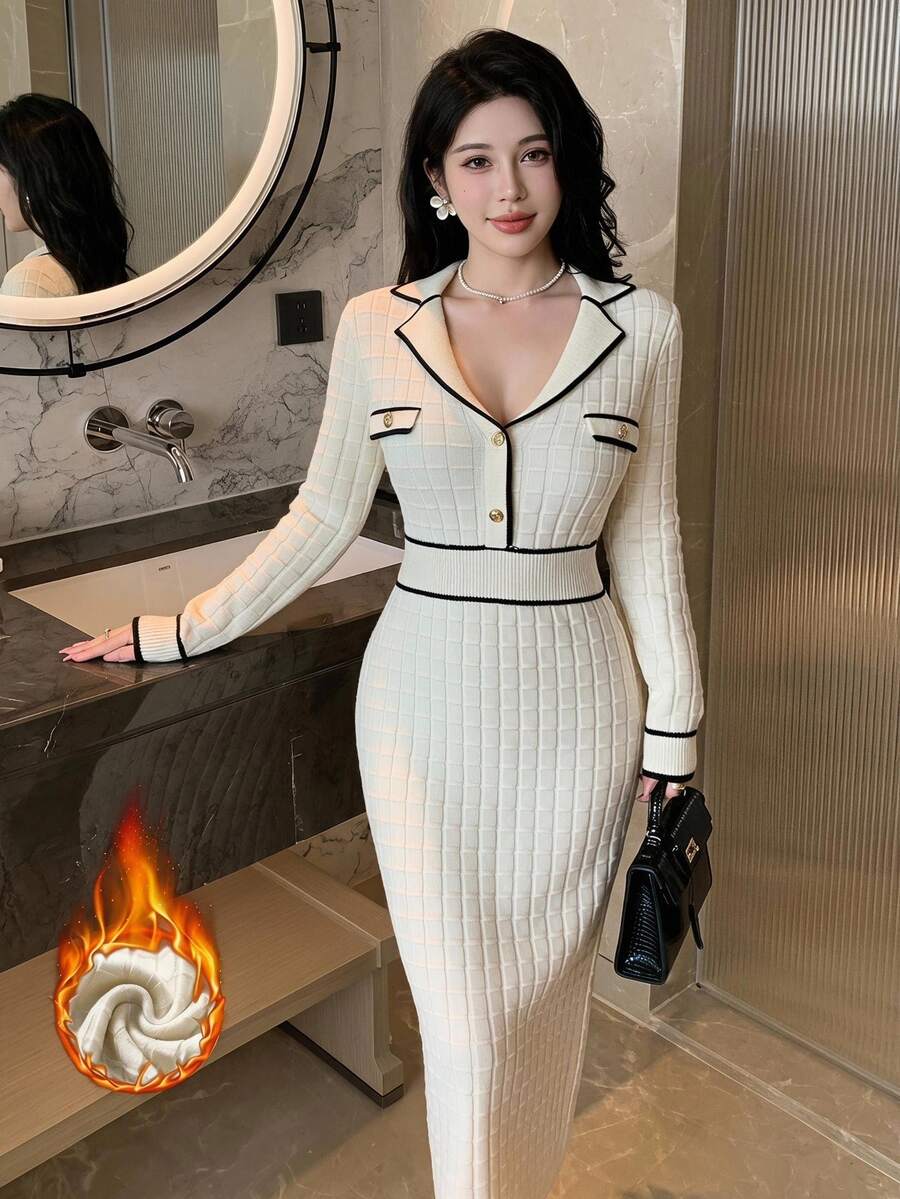 Feyla 女款優雅對比飾邊修身針織洋裝,秋季/辦公室黑白格紋 - 杏色 - 查看 1