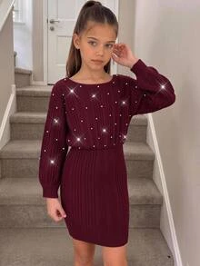 SHEIN 青少年女孩秋冬抓絨羅紋休閒極簡風聖誕節加厚保暖內裡修身洋裝 - 紅色 - 查看 7