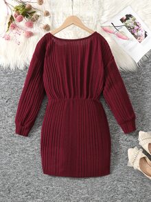 SHEIN 青少年女孩秋冬抓絨羅紋休閒極簡風聖誕節加厚保暖內裡修身洋裝 - 紅色 - 查看 5