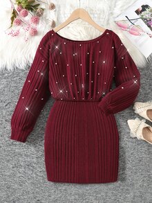 SHEIN 青少年女孩秋冬抓絨羅紋休閒極簡風聖誕節加厚保暖內裡修身洋裝 - 紅色 - 查看 4