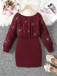 SHEIN 青少年女孩秋冬抓絨羅紋休閒極簡風聖誕節加厚保暖內裡修身洋裝 - 紅色 - 查看 6