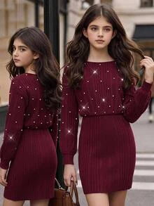 SHEIN 青少年女孩秋冬抓絨羅紋休閒極簡風聖誕節加厚保暖內裡修身洋裝 - 紅色 - 查看 2