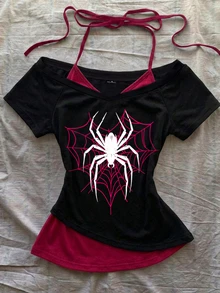 Attitoon Women's Casual Retro Colorblock 2 In 1 Spider Graphic V-Neck Halter Tie Short Sleeve T-Shirt, Suitable For Summer - Black - View 7