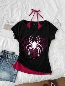 Attitoon Women's Casual Retro Colorblock 2 In 1 Spider Graphic V-Neck Halter Tie Short Sleeve T-Shirt, Suitable For Summer - Black - View 2