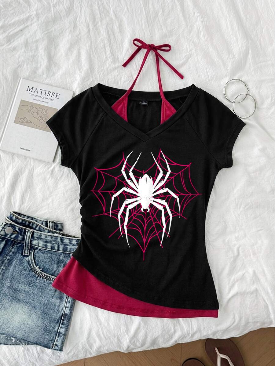 Attitoon Women's Casual Retro Colorblock 2 In 1 Spider Graphic V-Neck Halter Tie Short Sleeve T-Shirt, Suitable For Summer