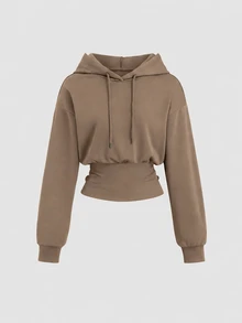 Sweetra Women's Brown Hooded Cinched Waist Long Sleeve Sweatshirt, Autumn/Winter - Khaki - View 1
