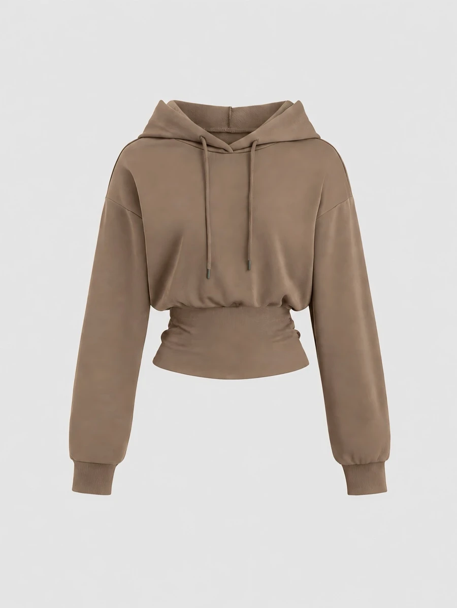 Sweetra Women's Brown Hooded Cinched Waist Long Sleeve Sweatshirt, Autumn/Winter - Khaki - View 1