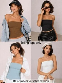 SHEIN BASICS 女款純色修身百搭日常居家旅行抹胸上衣 黑色 夏季極簡休閒百搭 日常白天穿著 - 駝色 - 查看 9