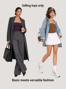 SHEIN BASICS 女款純色修身百搭日常居家旅行抹胸上衣 黑色 夏季極簡休閒百搭 日常白天穿著 - 駝色 - 查看 8