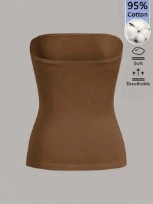 SHEIN BASICS 女款純色修身百搭日常居家旅行抹胸上衣 黑色 夏季極簡休閒百搭 日常白天穿著 - 駝色 - 查看 2