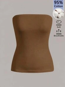 SHEIN BASICS 女款純色修身百搭日常居家旅行抹胸上衣 黑色 夏季極簡休閒百搭 日常白天穿著 - 駝色 - 查看 1