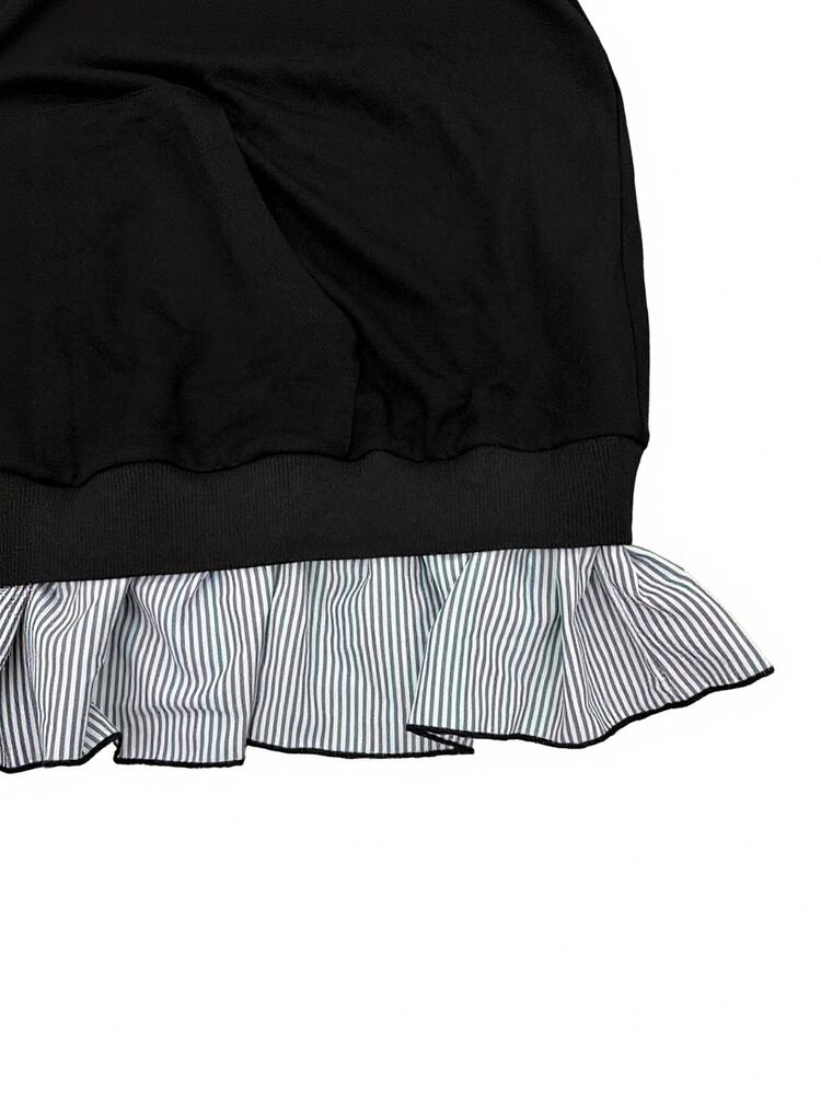 Linhara CURVE Plus Size Casual Hooded 2 In 1 Sweatshirt, Striped Ruffle Hem, Drawstring Cuffs, Flattering Long Sleeve Top - Black - View 7