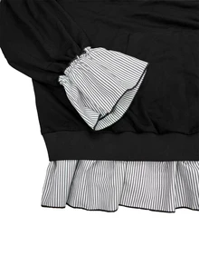 Linhara CURVE Plus Size Casual Hooded 2 In 1 Sweatshirt, Striped Ruffle Hem, Drawstring Cuffs, Flattering Long Sleeve Top Fall - Black - View 6