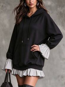 Linhara CURVE Plus Size Casual Hooded 2 In 1 Sweatshirt, Striped Ruffle Hem, Drawstring Cuffs, Flattering Long Sleeve Top Fall - Black - View 4