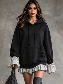 Linhara CURVE Plus Size Casual Hooded 2 In 1 Sweatshirt, Striped Ruffle Hem, Drawstring Cuffs, Flattering Long Sleeve Top Fall - Black - View 3