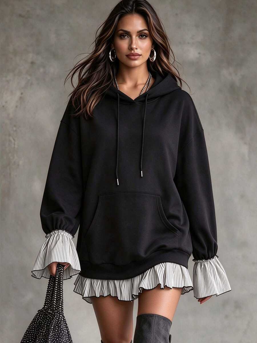 Linhara CURVE Plus Size Casual Hooded 2 In 1 Sweatshirt, Striped Ruffle Hem, Drawstring Cuffs, Flattering Long Sleeve Top Fall - Black - View 1