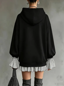 Linhara CURVE Plus Size Casual Hooded 2 In 1 Sweatshirt, Striped Ruffle Hem, Drawstring Cuffs, Flattering Long Sleeve Top Fall - Black - View 2