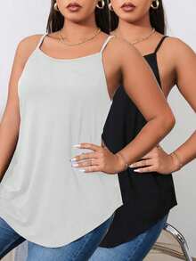 SHEIN EZwear 2pcs/Set Plus Size Solid Color Camisole Tank Tops, Summer Back To School Lounge Date Night Black White - Multicolor - View 8