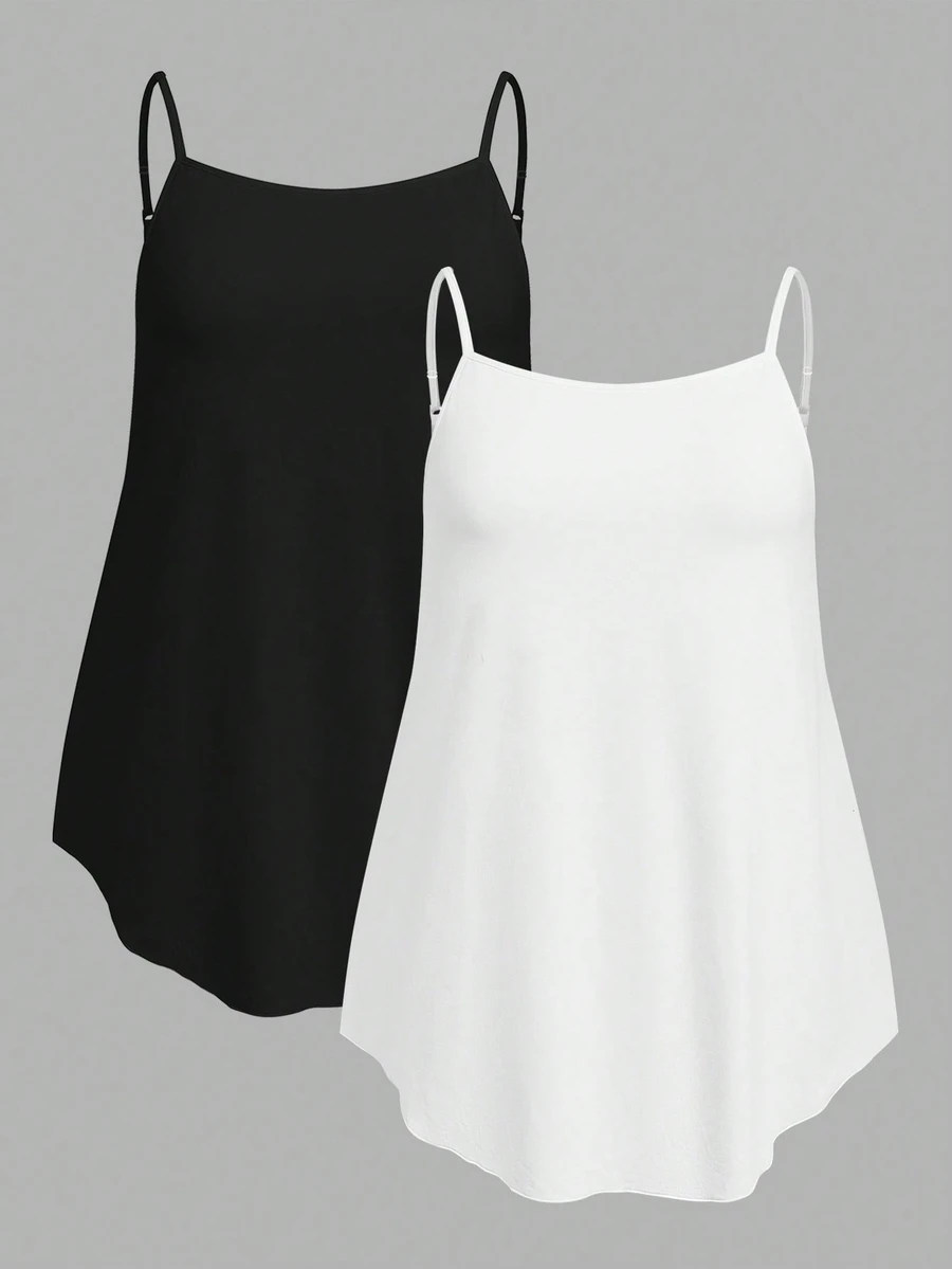 SHEIN EZwear 2pcs/Set Plus Size Solid Color Camisole Tank Tops, Summer Back To School Lounge Date Night Black White