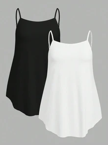 SHEIN EZwear 2pcs/Set Plus Size Solid Color Camisole Tank Tops, Summer Back To School Lounge Date Night Black White - Multicolor - View 10