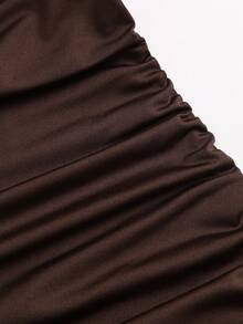 Sweetra Women's Square Neck Contrast Lace Trim Flare Long Sleeve Fitted Ruched Short Dress, Casual Daily, Minimalist Sexy Elegant Style - Brown - View 3