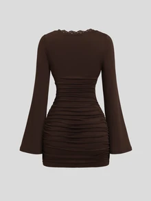 Sweetra Women's Square Neck Contrast Lace Trim Flare Long Sleeve Fitted Ruched Short Dress, Casual Daily, Minimalist Sexy Elegant Style - Brown - View 2