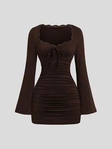 Sweetra Women's Square Neck Contrast Lace Trim Flare Long Sleeve Fitted Ruched Short Dress, Casual Daily, Minimalist Sexy Elegant Style - Brown - View 1