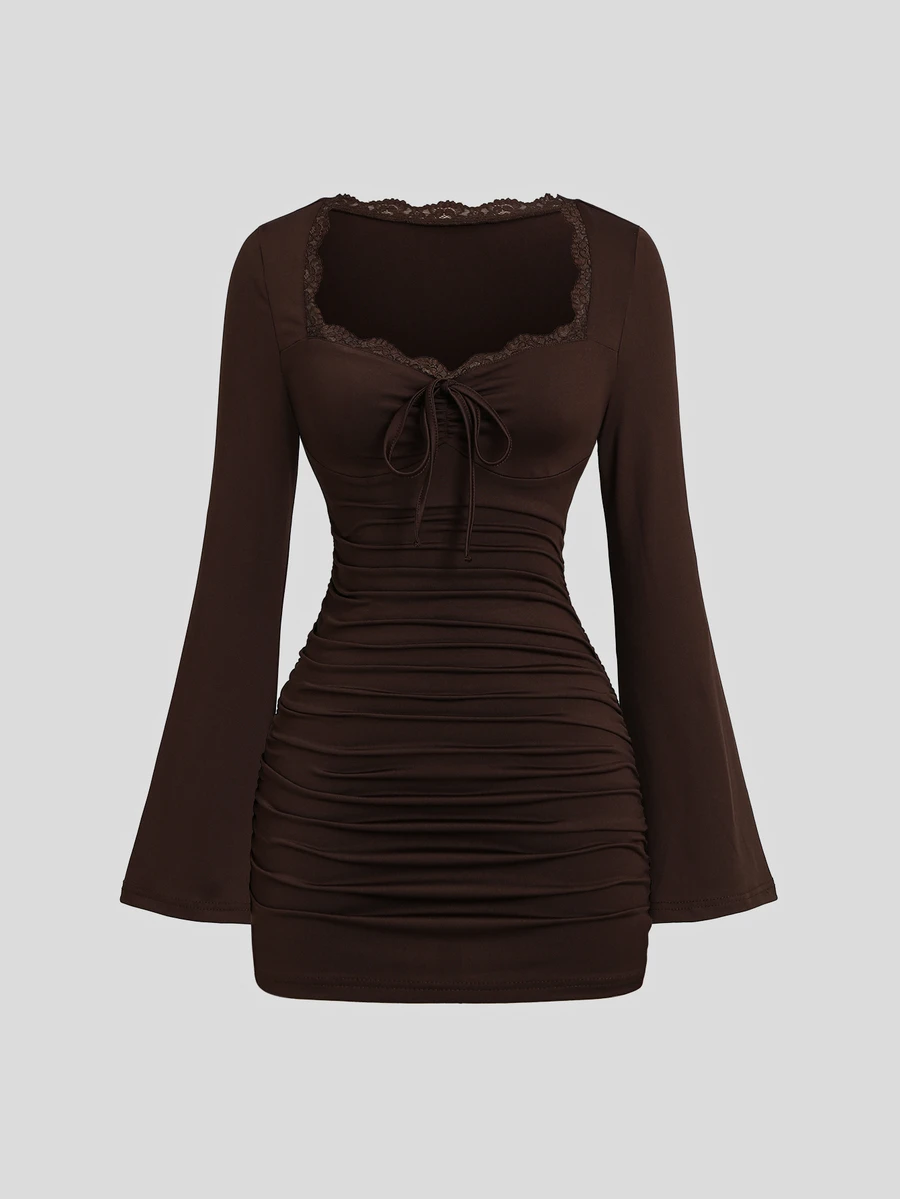 Sweetra Women's Square Neck Contrast Lace Trim Flare Long Sleeve Fitted Ruched Short Dress, Casual Daily, Minimalist Sexy Elegant Style - Brown - View 1