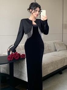 Feyla Women's Patchwork Rhinestone Tassel Open Front Jacket And Sleeveless Dress Elegant 2 Pieces Set - Black - View 6