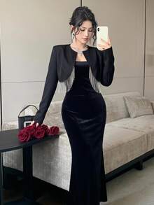 Feyla Women's Patchwork Rhinestone Tassel Open Front Jacket And Sleeveless Dress Elegant 2 Pieces Set - Black - View 1